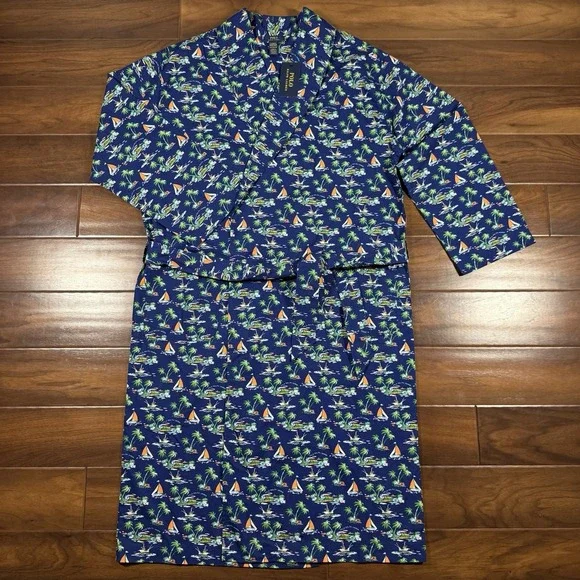 Polo Ralph Lauren Mens Size L / XL Blue Tropical Sailboat Print 100% Cotton Robe - Picture 1 of 13